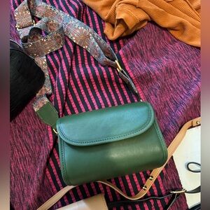 Green leather small crossbody bag, unique strap